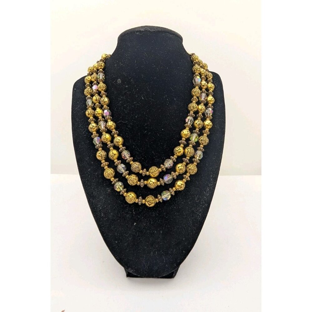 Vintage Necklace choker Burnished Gold Tone Rosebud and AB Beaded multi Strand
